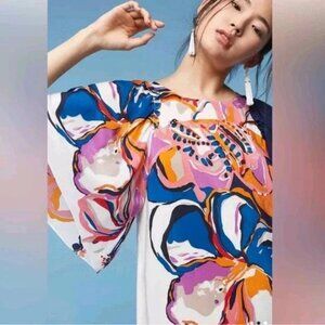 Anthropologie Maeve Vero Floral 100% Silk Multicolor Shift Dress Flowy Sleeve